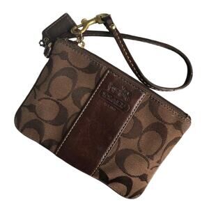 COACH VTG Small Signature Chocolate Brown Wristlet Small plum satin interior